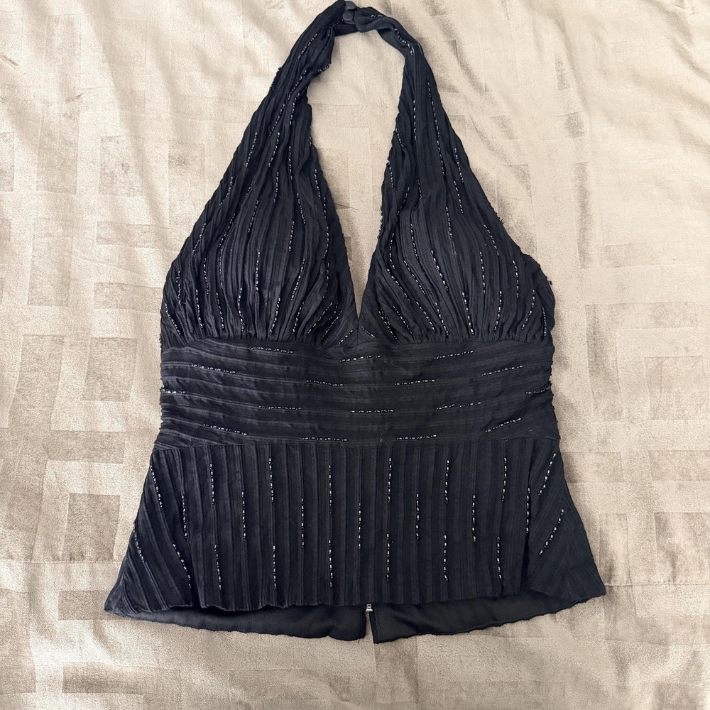 VTG Y2K Cache Tank Top Womens 8 Black Beaded Halter Camisole Chiffon Lined Party